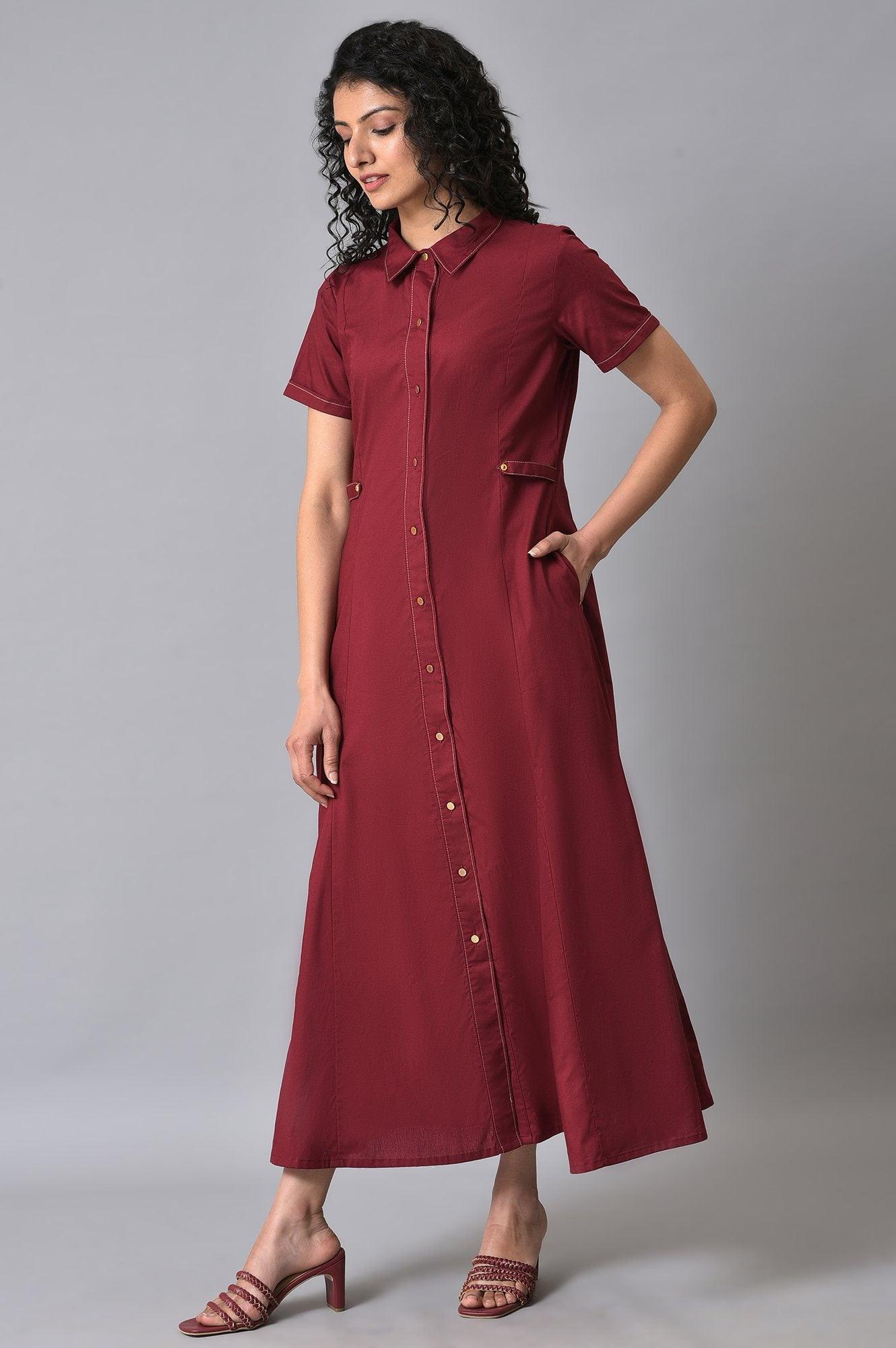 Maroon Cotton Summer Shirt Dress - wforwoman