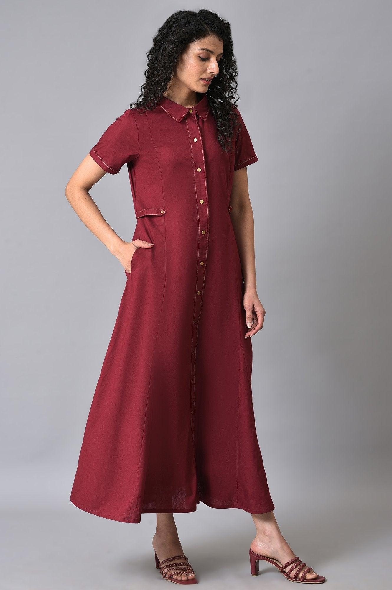 Maroon Cotton Summer Shirt Dress - wforwoman