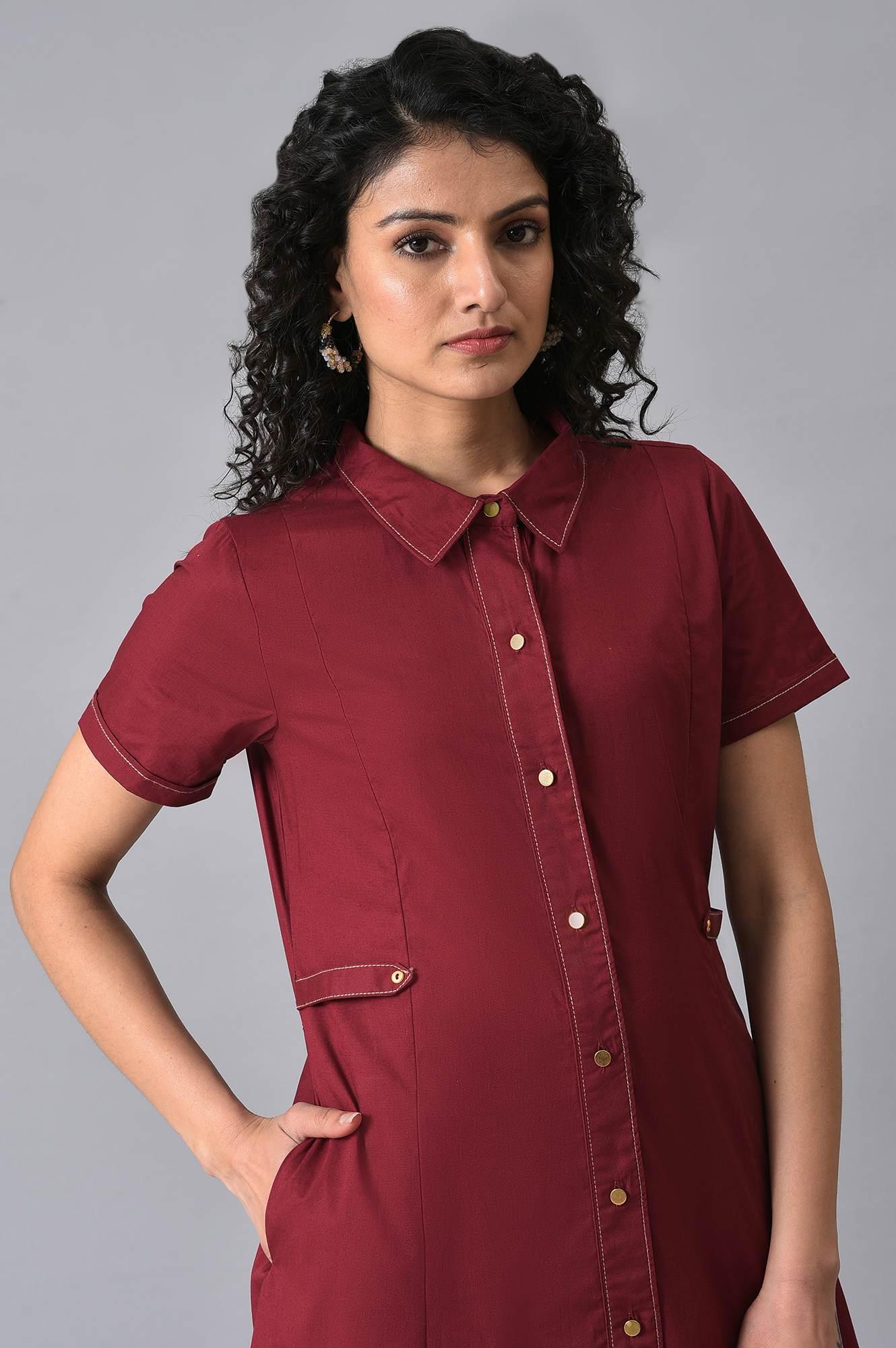 Maroon Cotton Summer Shirt Dress - wforwoman