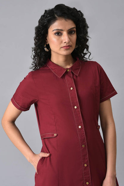 Maroon Cotton Summer Shirt Dress - wforwoman