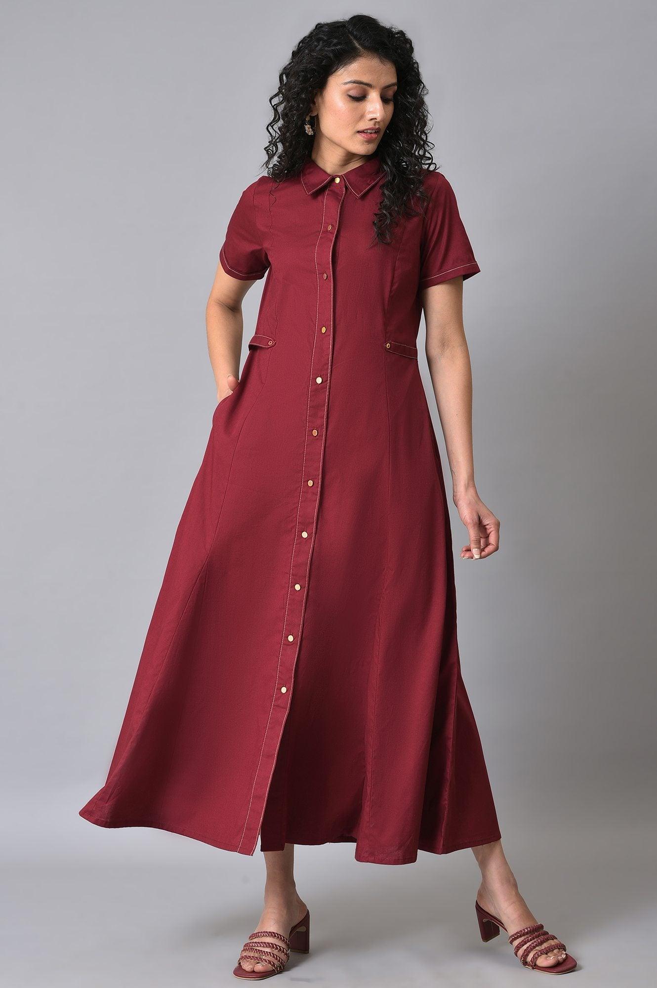 Maroon Cotton Summer Shirt Dress - wforwoman