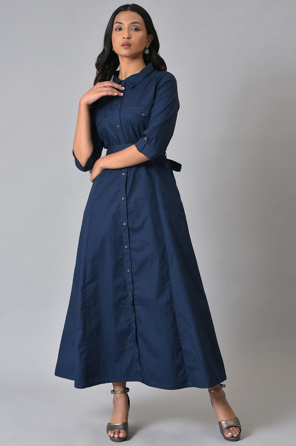 Navy Blue Long Shirt Western Dress with Belt for Women
