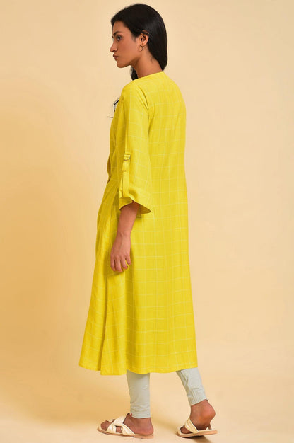 Plus Size Yellow Embroidered Checker Wrap Dress - wforwoman