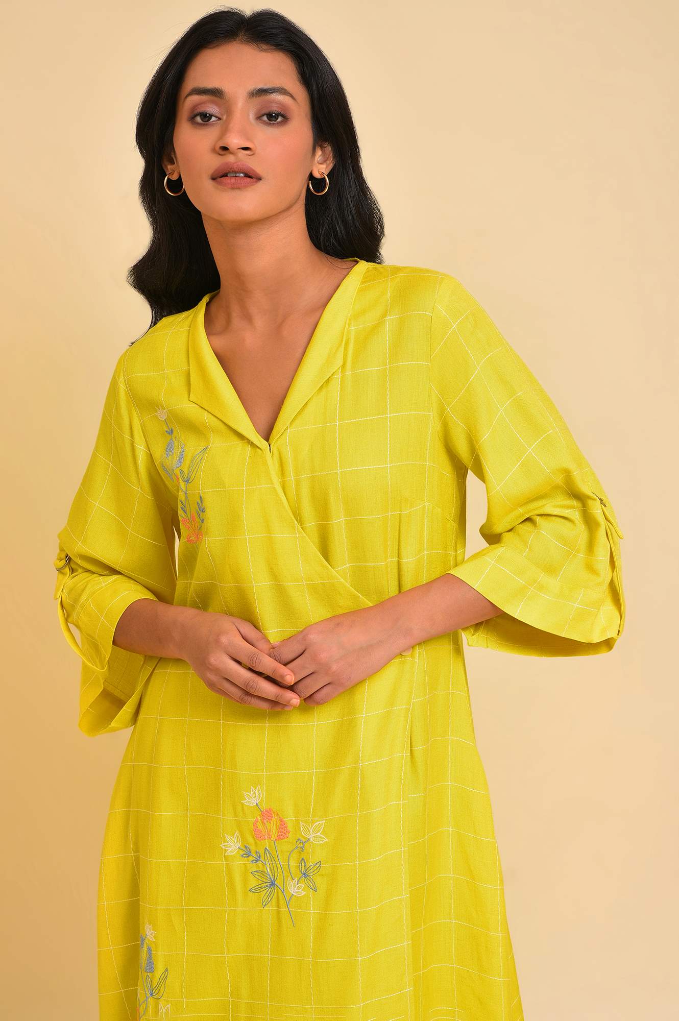 Yellow Embroidered Checker Wrap Dress