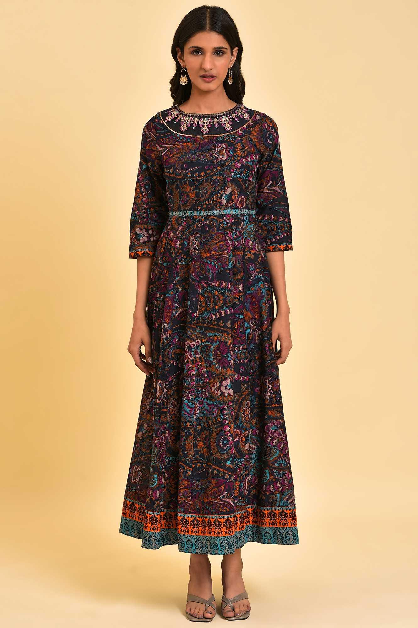 Blue Printed Kalidar Long Dress - wforwoman