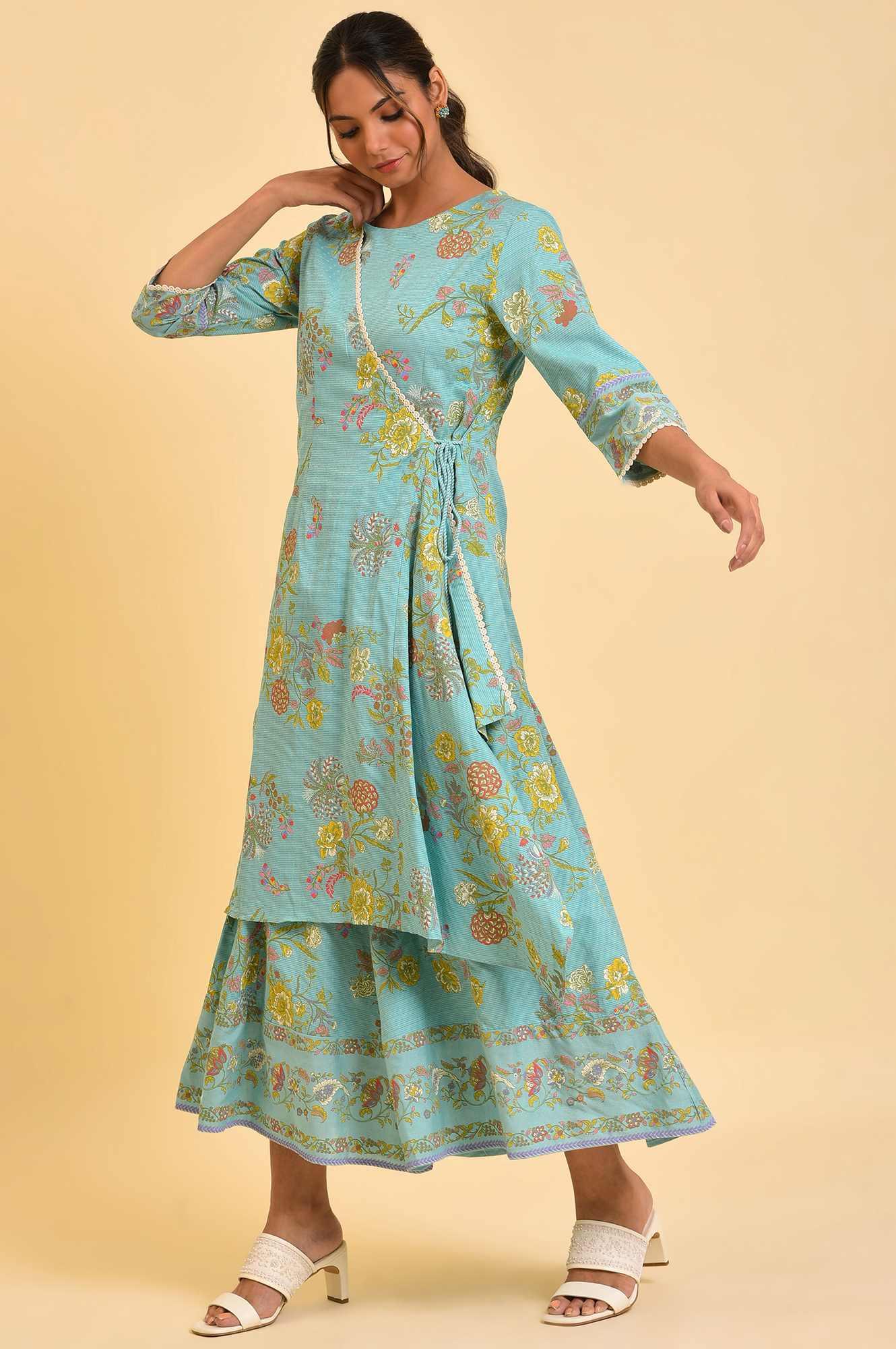 Light Blue Printed Angrakha Jumpsuit - wforwoman