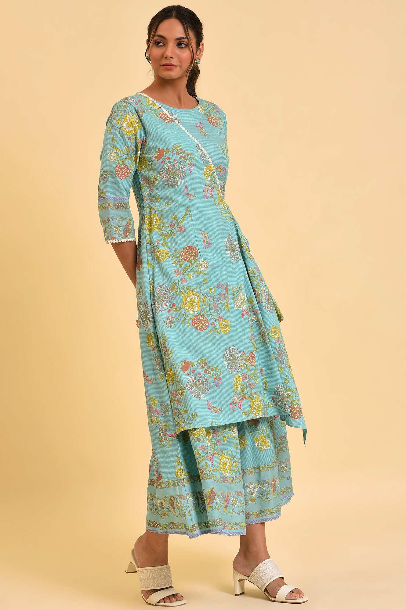 Light Blue Printed Angrakha Jumpsuit - wforwoman