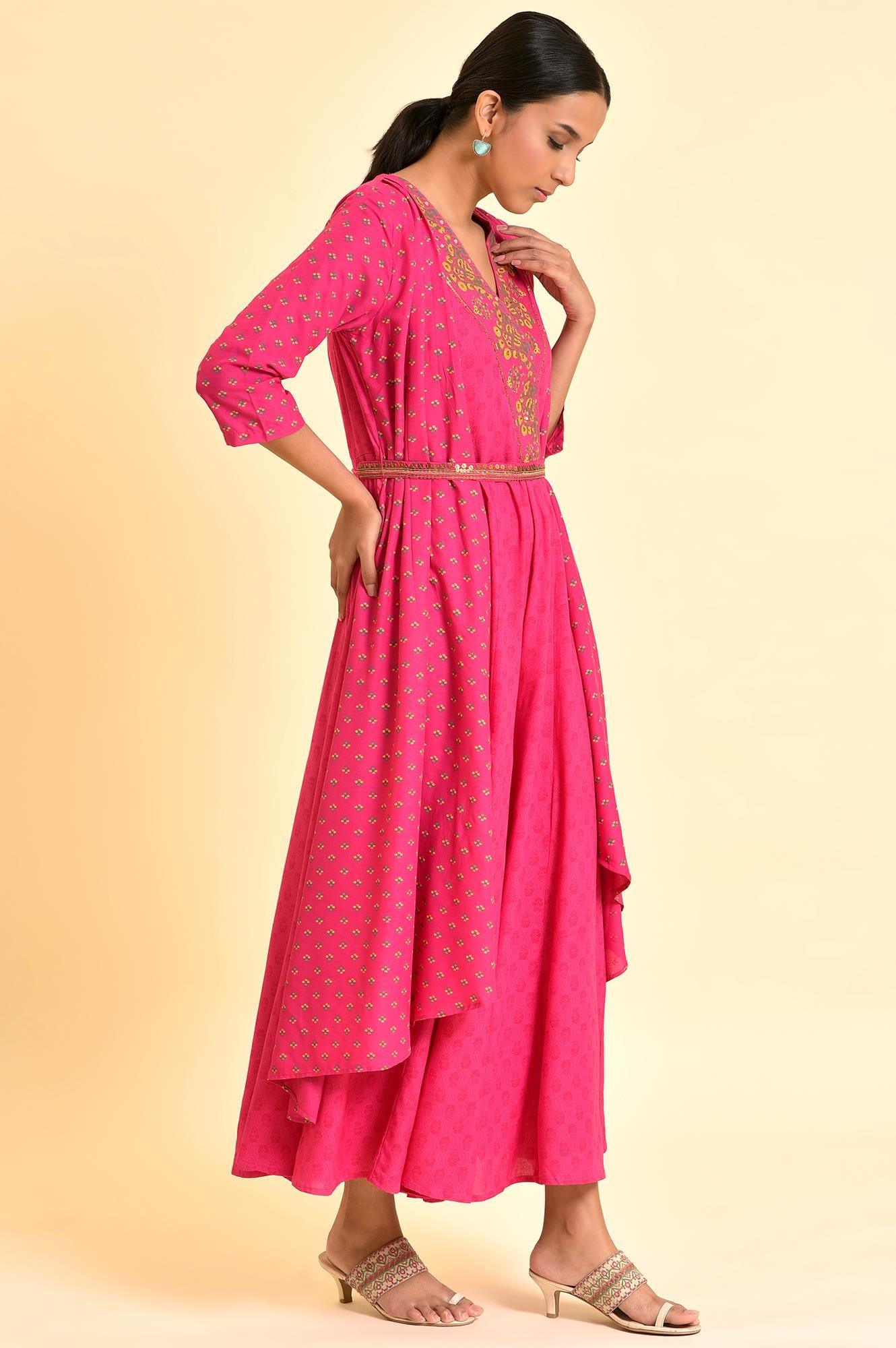 Pink Printed Draped Jumpsuit With Embroidered Belt - wforwoman