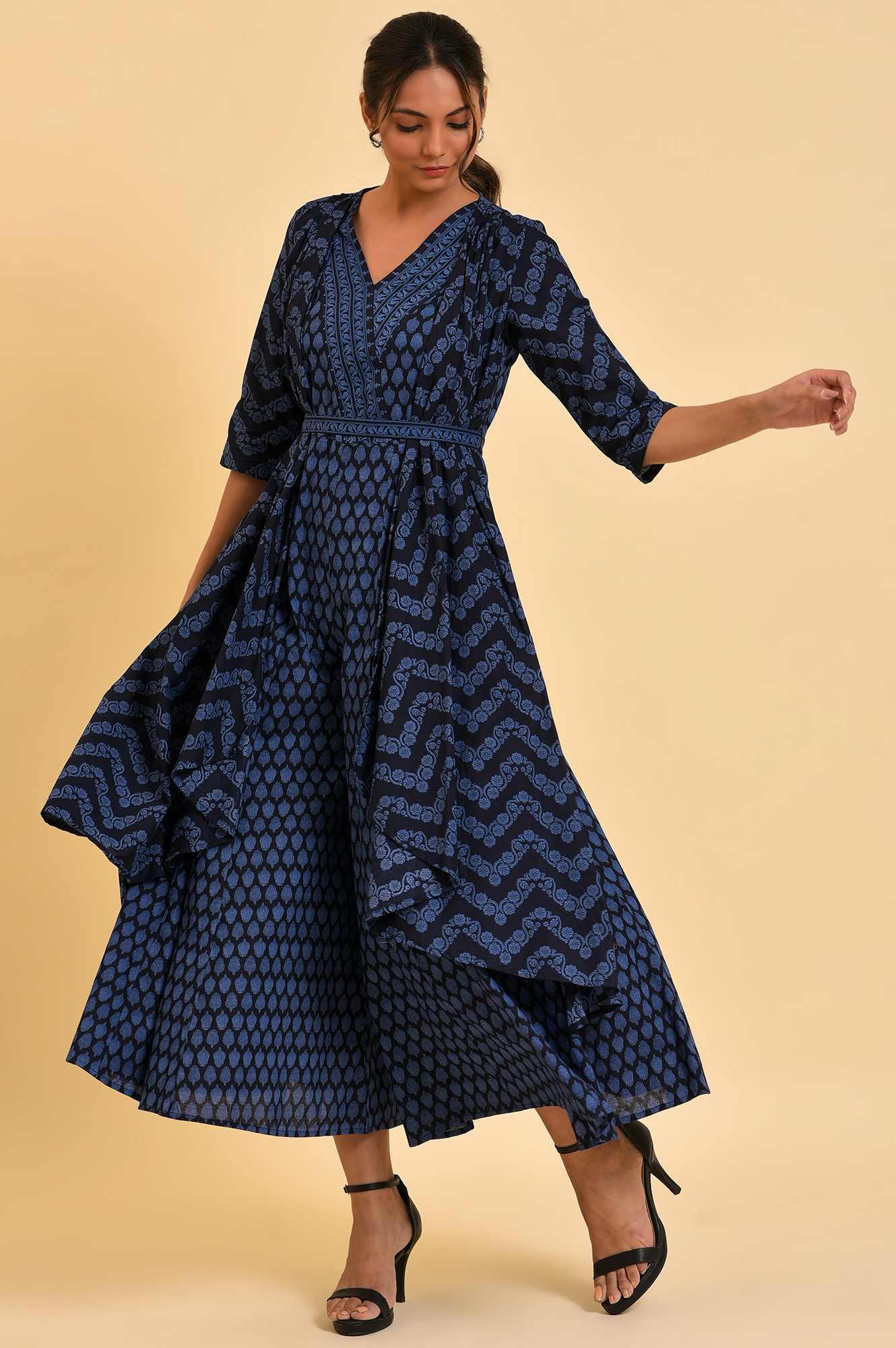 Blue Printed Kimono Jumpsuit With Belt - wforwoman