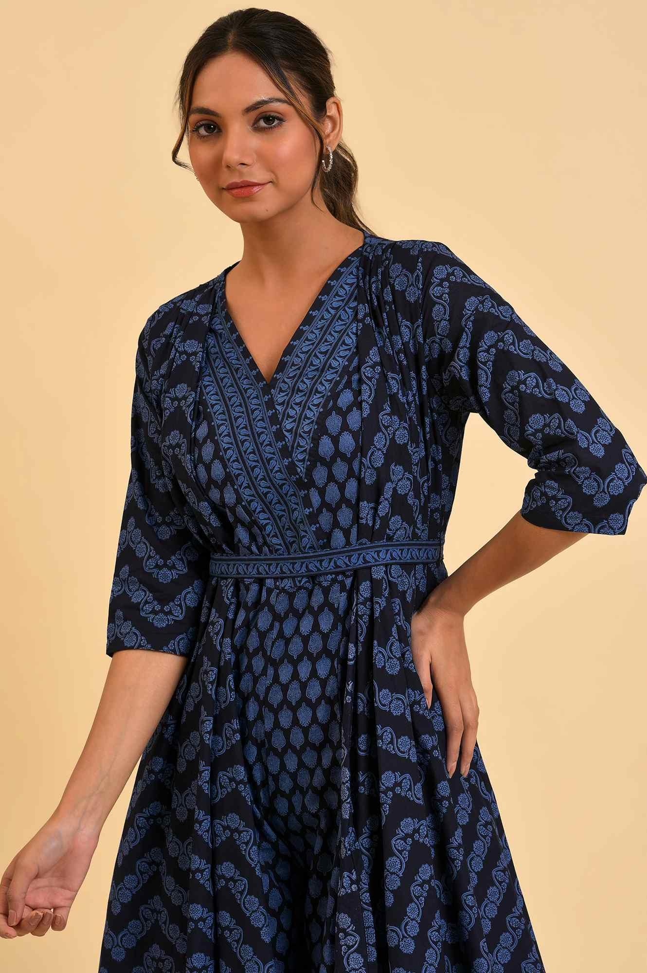 Blue Printed Kimono Jumpsuit With Belt - wforwoman
