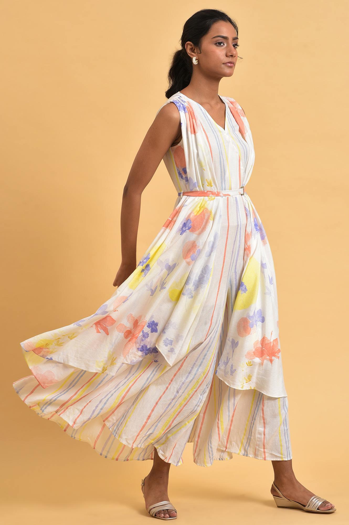 Ecru Print Mix Sleeveless Jumpsuit - wforwoman