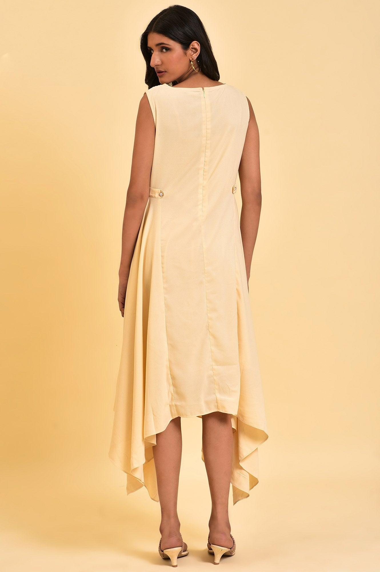 Ecru Sleeveless Asymmetrical Embroidered Dress - wforwoman