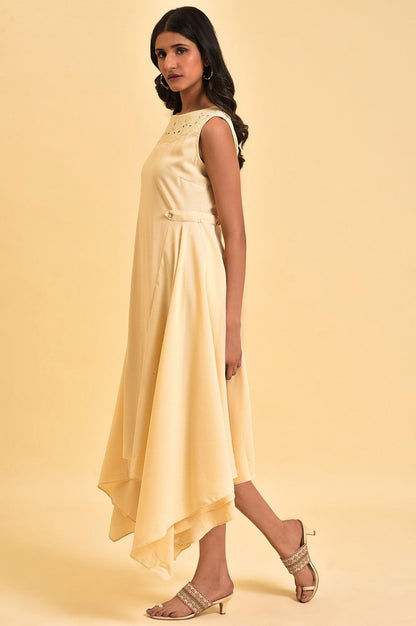 Ecru Sleeveless Asymmetrical Embroidered Dress - wforwoman