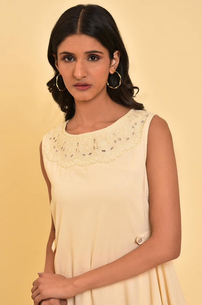 Ecru Sleeveless Asymmetrical Embroidered Dress - wforwoman