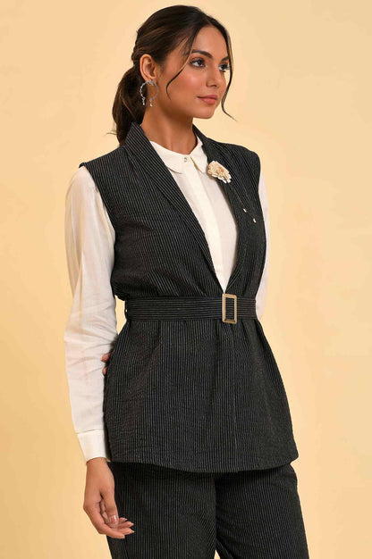 Black Yarn Dyed Western Sleeveless Jacket - wforwoman