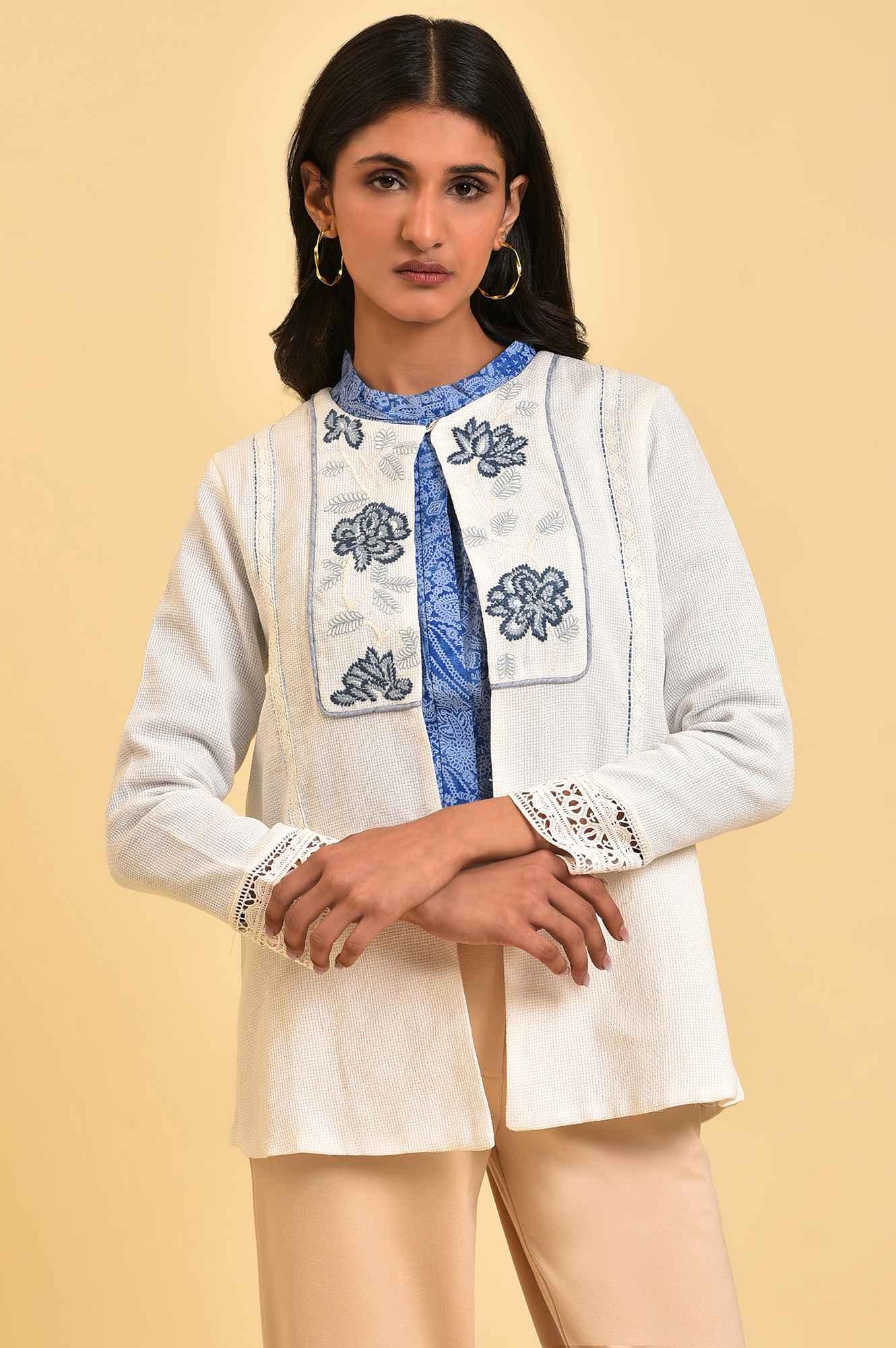 Ecru Embroidered Jacket with Lace - wforwoman