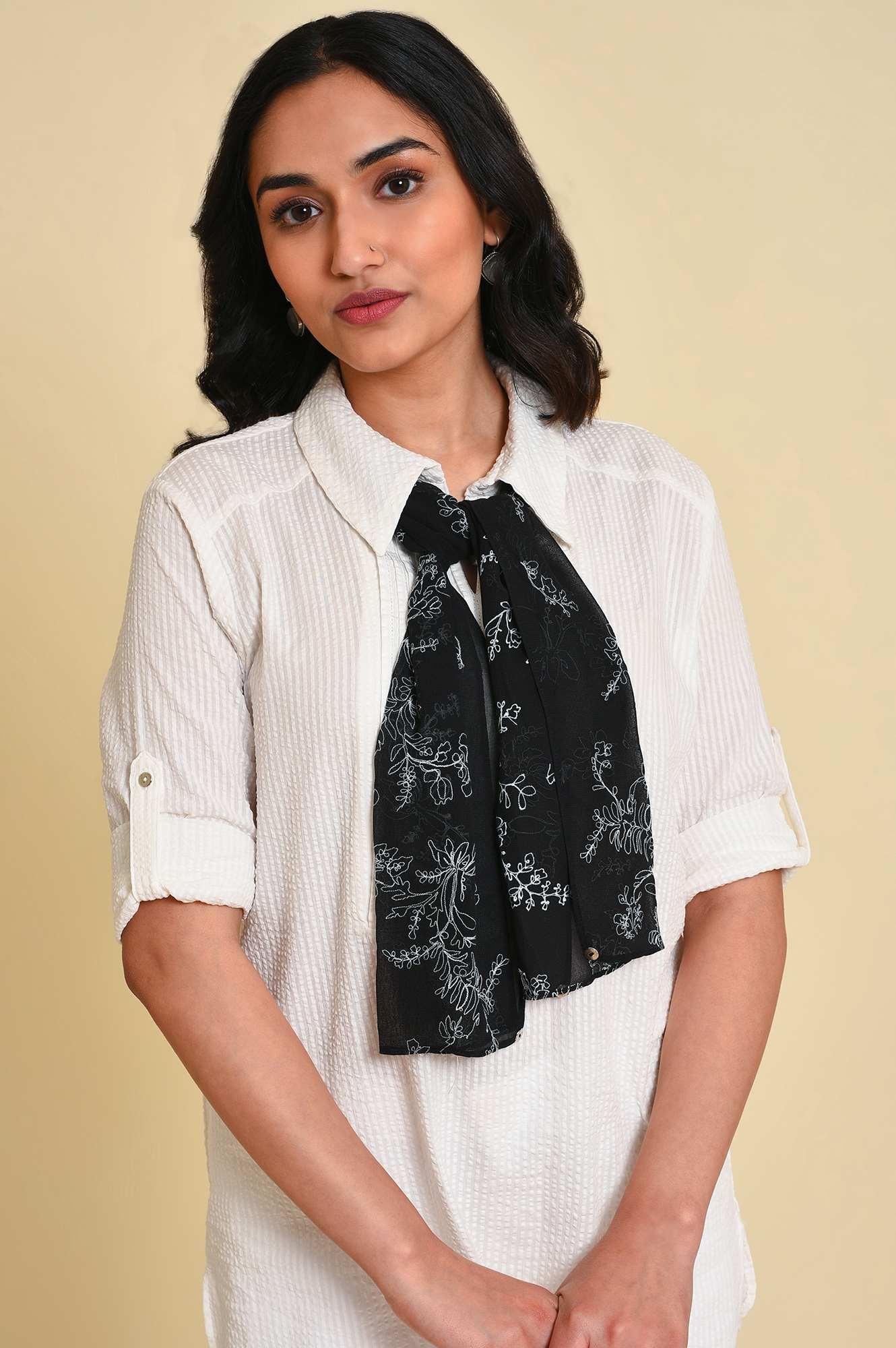 White Seer Sucket Top With Detachable Scarf - wforwoman