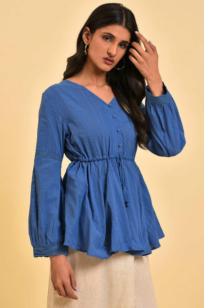 Blue Seer Sucker Peplum Top - wforwoman