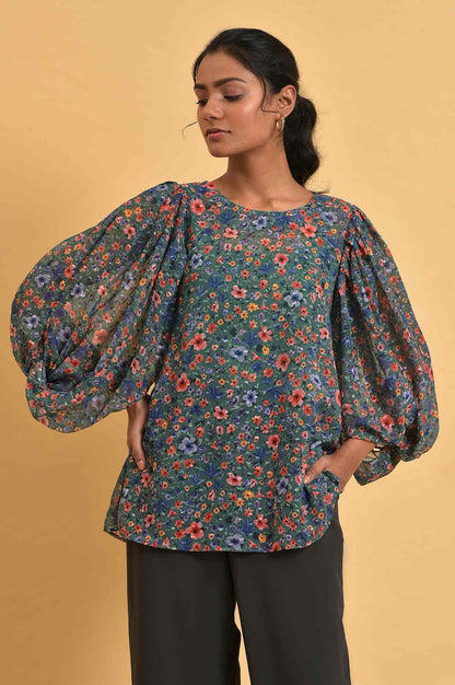 Green Floral Print Georgette Top - wforwoman
