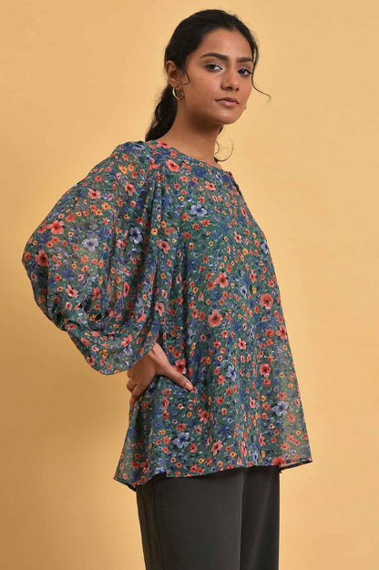 Green Floral Print Georgette Top - wforwoman