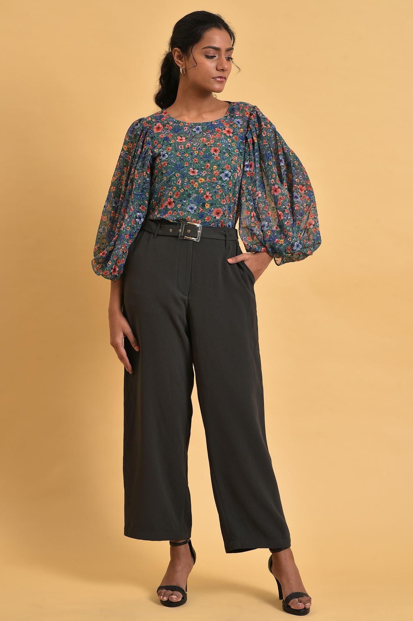 Green Floral Print Georgette Top - wforwoman