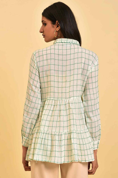 White Tiered Top with Green Stitch Lines - wforwoman