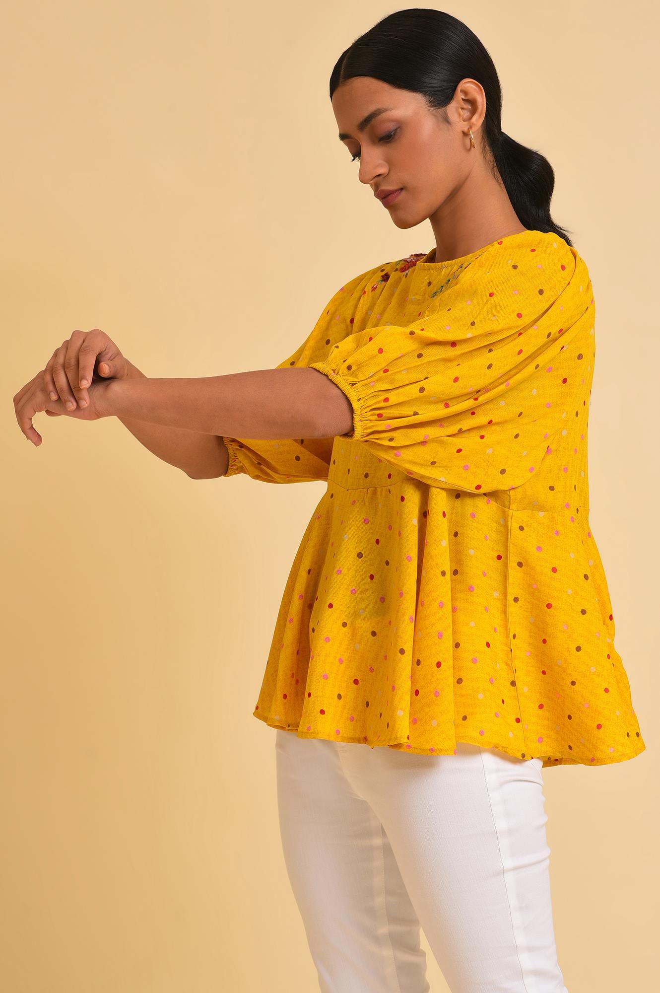 Yellow Embroidered Peplum Top - wforwoman