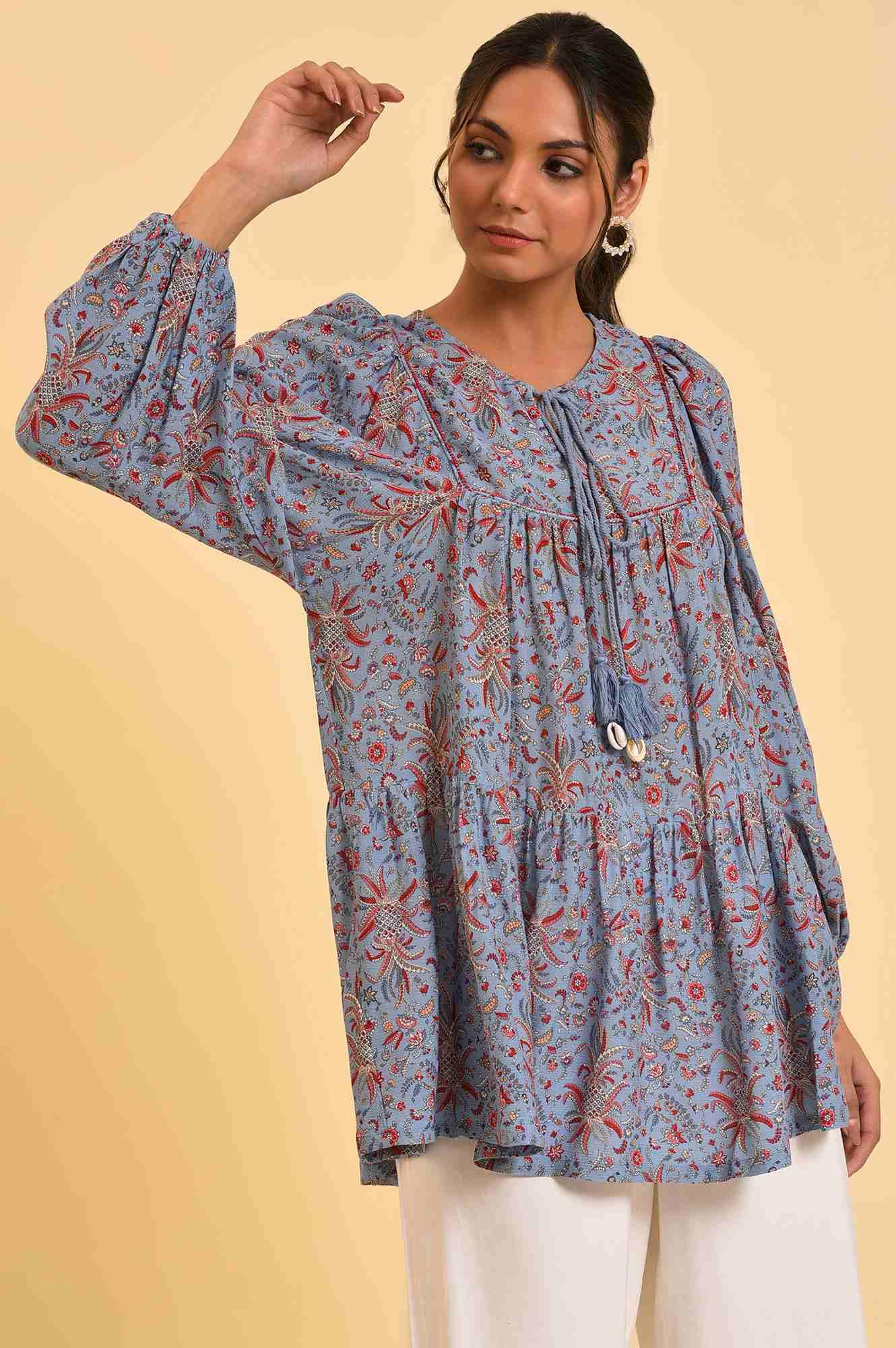 Blue Floral Printed A-Line Top - wforwoman