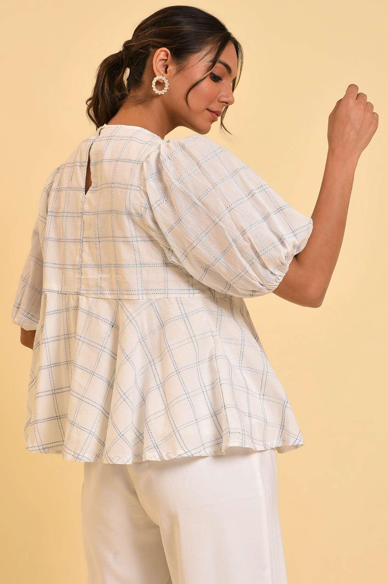 Ecru Checker Peplum Top - wforwoman