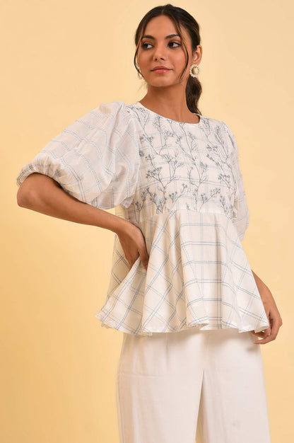 Ecru Checker Peplum Top - wforwoman