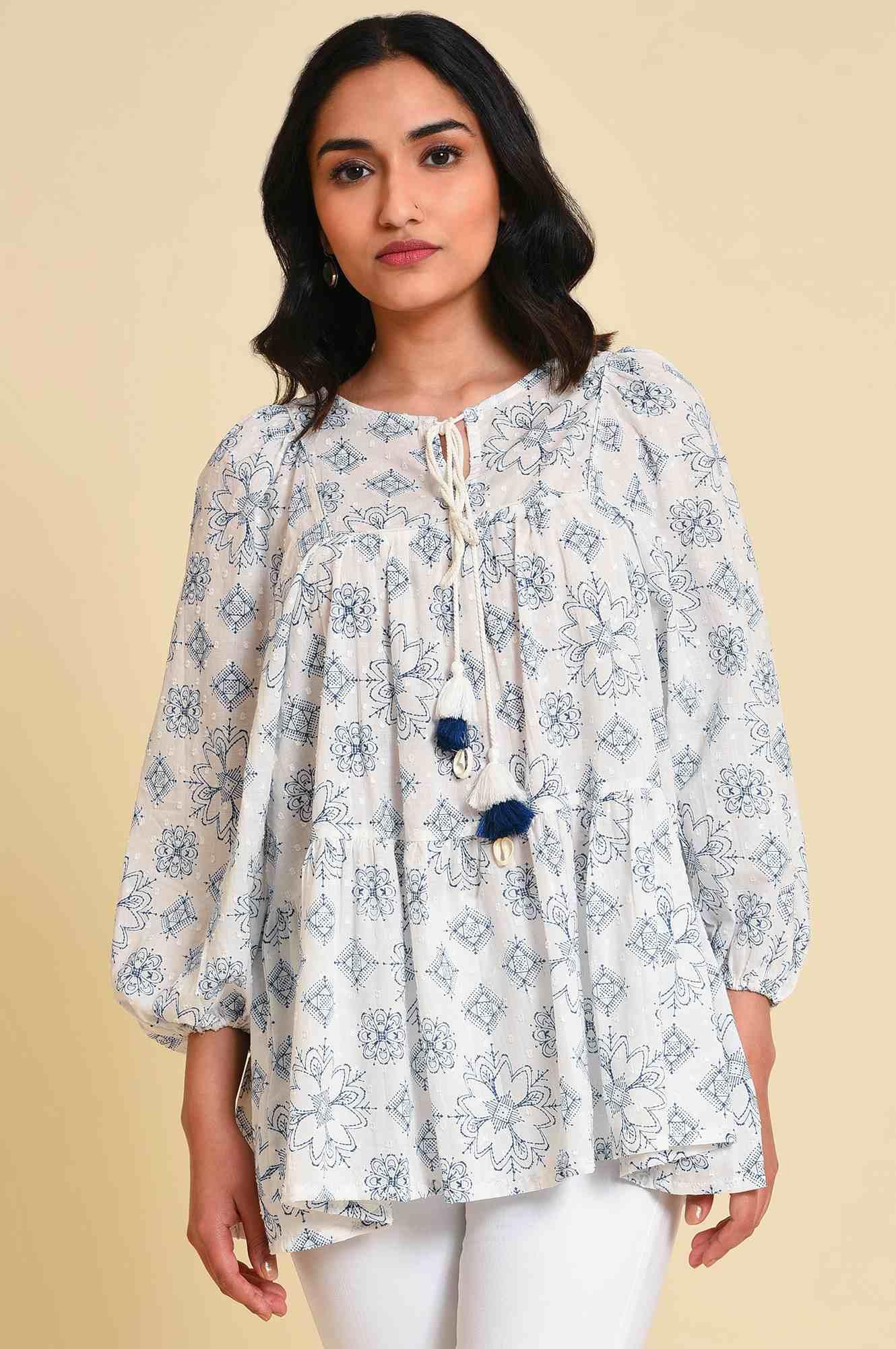 White Geometric Print Gathered Top - wforwoman