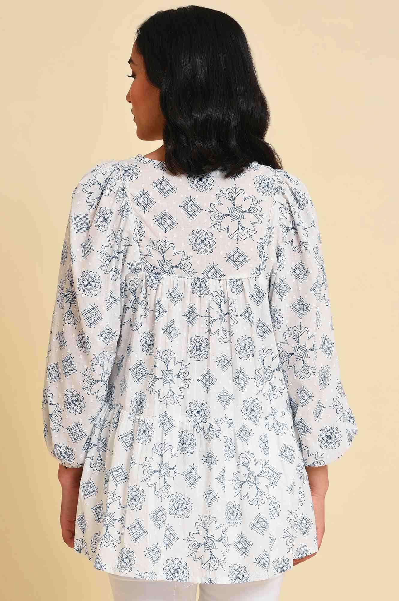 White Geometric Print Gathered Top - wforwoman