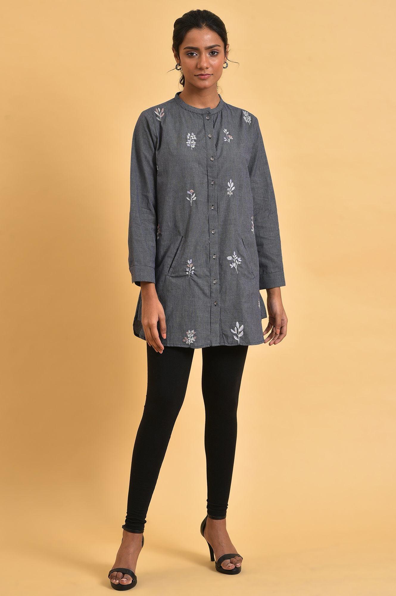Grey Checker Embroidered Western Tunic - wforwoman