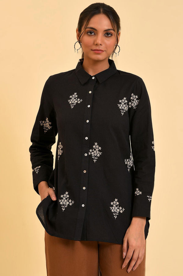 Black Floral Embroidered Women Shirt