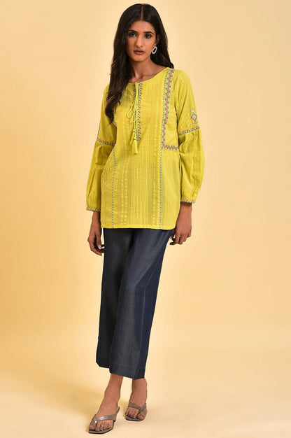 Lime Yellow Seer Sucker Printed Top - wforwoman