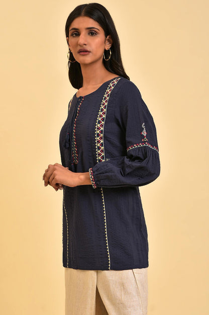 Navy Embroidered A-Line Western Top - wforwoman