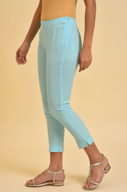 Blue Geometric Printed Dori Embroidered Cotton Flax Straight Kurta and Slim Pant Set