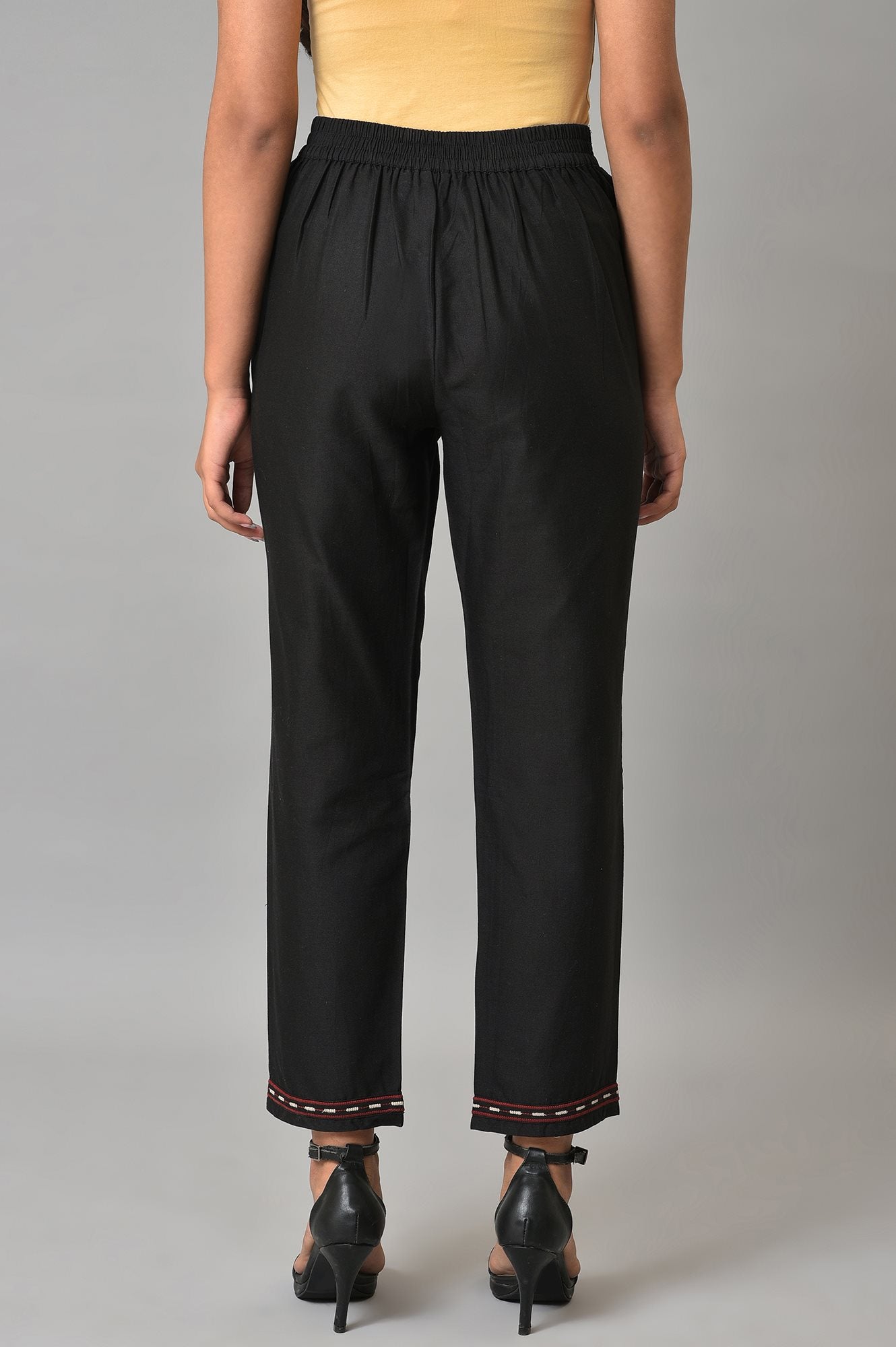 Black Solid Embroidered Straight Cotton Slim Pant