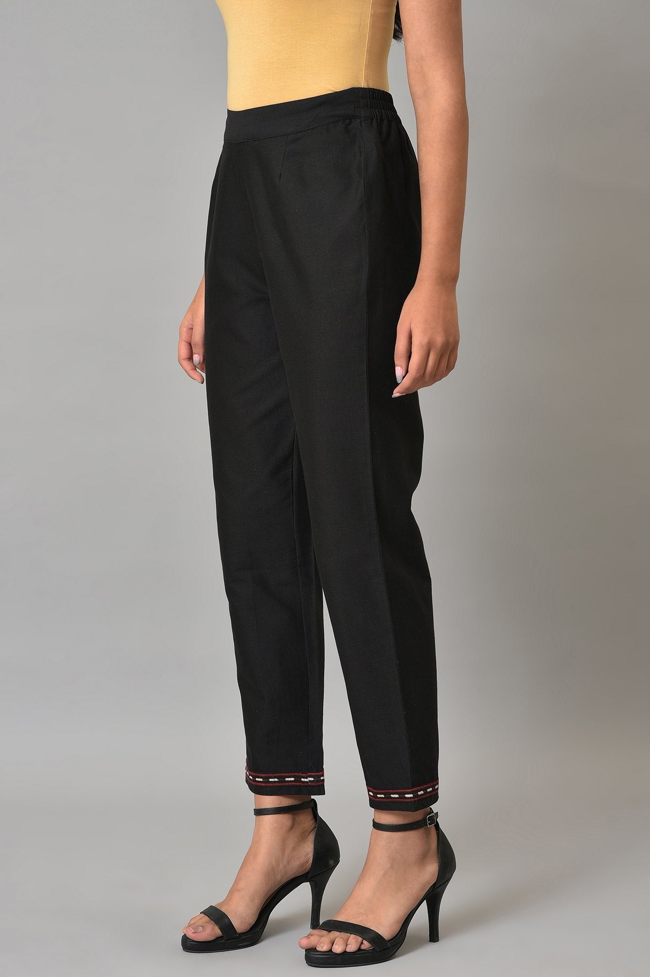 Black Solid Embroidered Straight Cotton Slim Pant