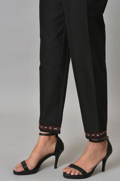 Black Solid Embroidered Straight Cotton Slim Pant