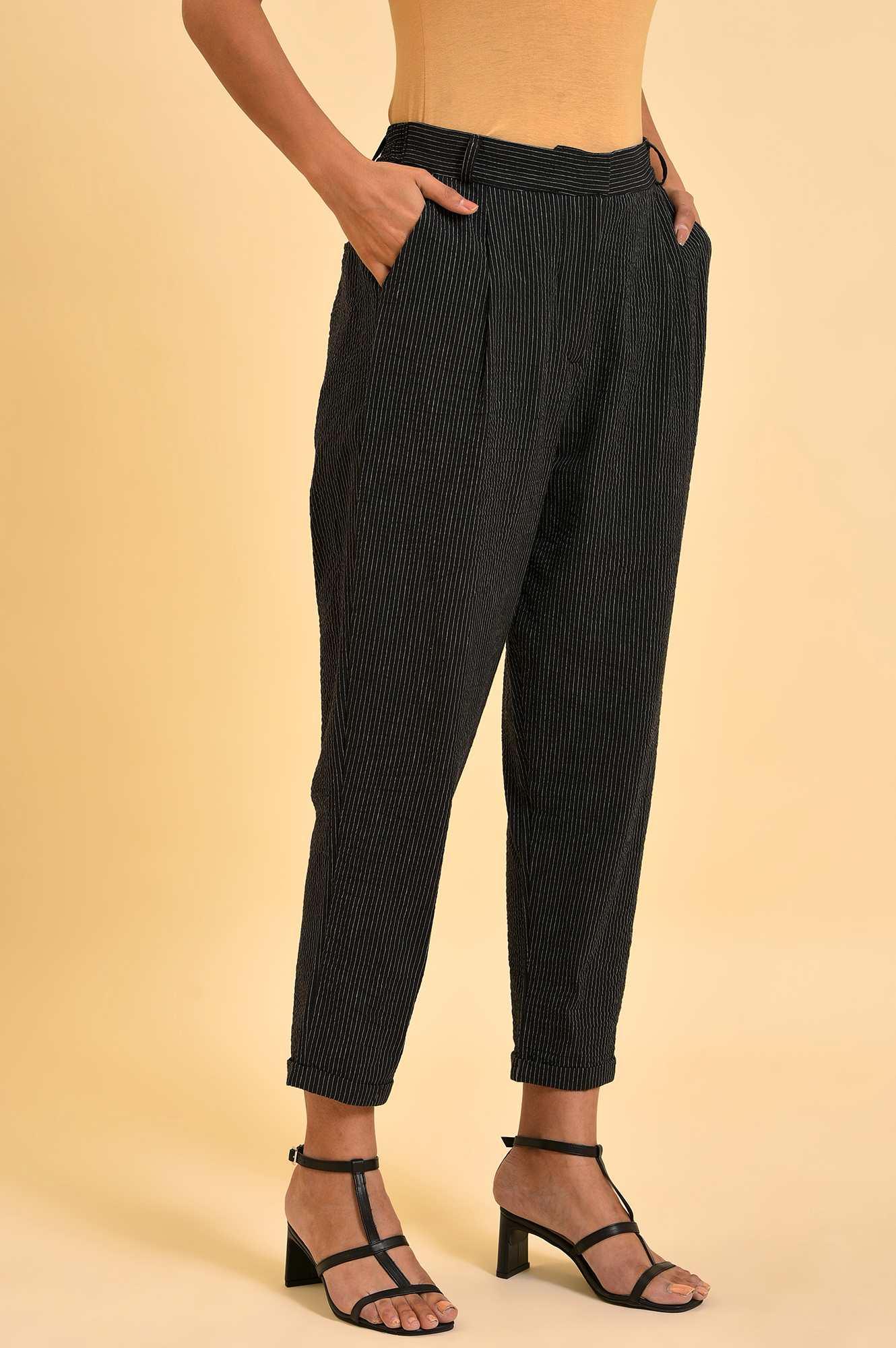 Black Yarn Dyed Fit Straight Pants - wforwoman