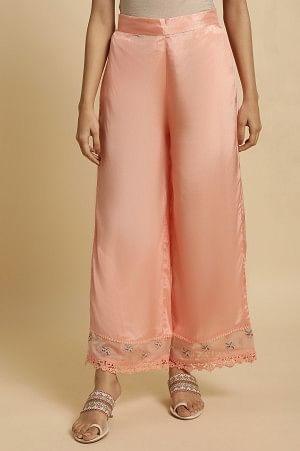 Plus Size Pink Parallel Pants With Lace And Embroidery - wforwoman