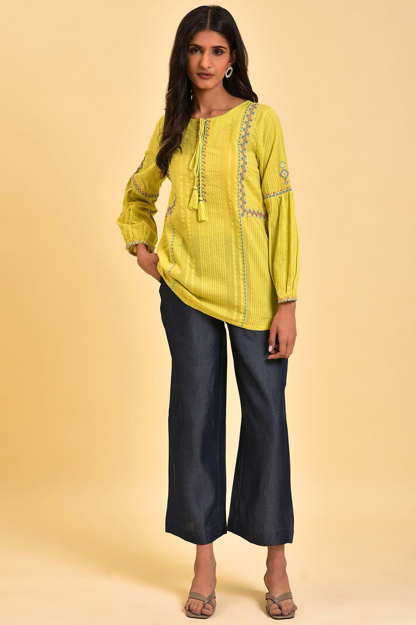 Blue Denim Tencel Pleated Pants - wforwoman