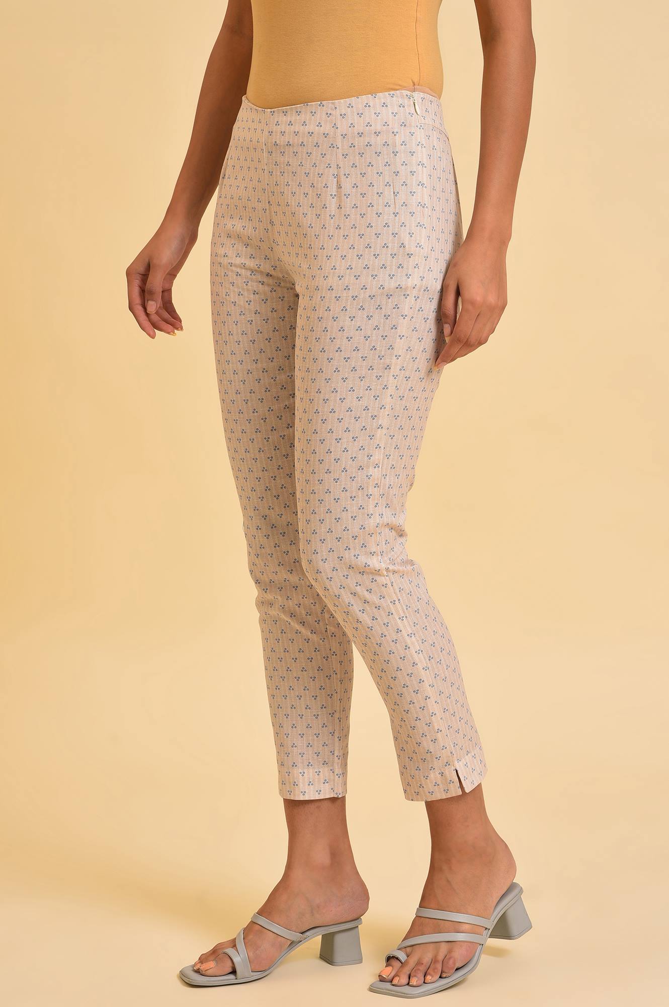Beige Striped Thread Embroidered Pure Cotton Straight Kurta and Slim Pant Set