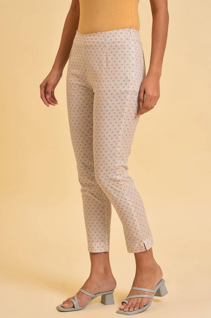 Beige Striped Thread Embroidered Pure Cotton Straight Kurta and Slim Pant Set