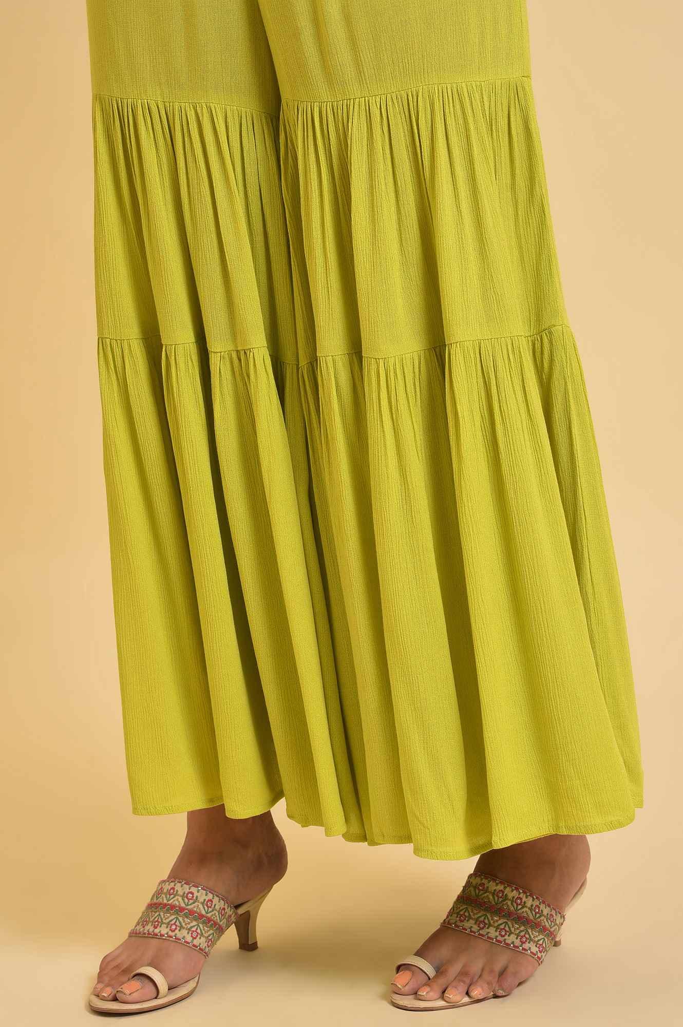 Green Tiered Solid Sharara - wforwoman