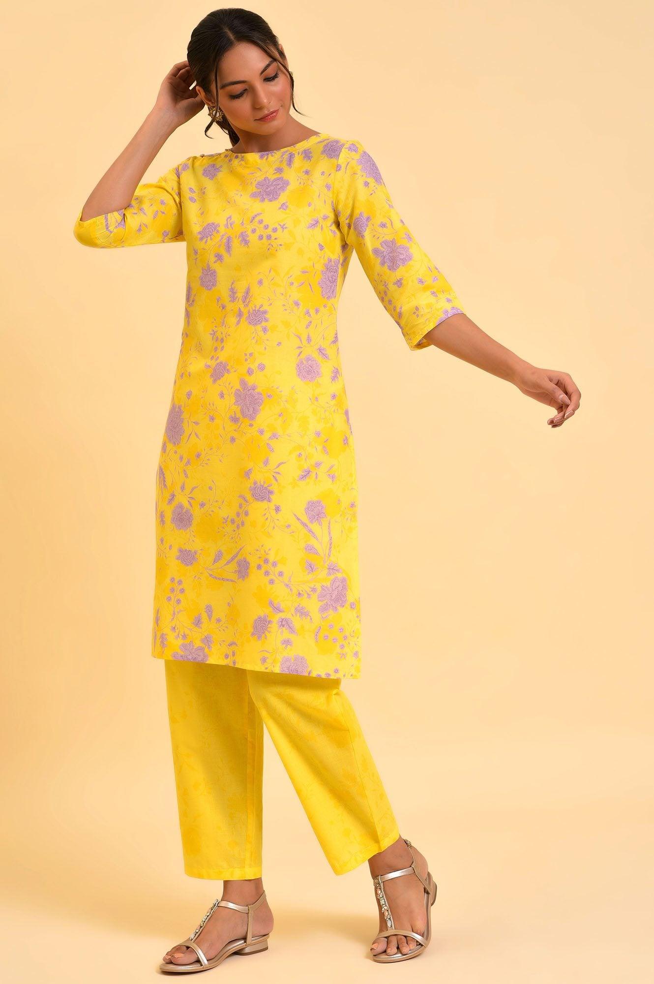 Yellow Floral Print kurta &amp; Straight Pants Co-Ord Set - wforwoman