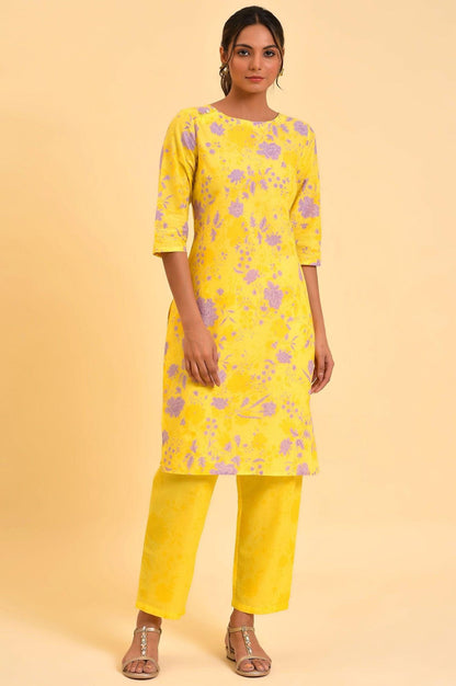 Yellow Floral Print kurta &amp; Straight Pants Co-Ord Set - wforwoman