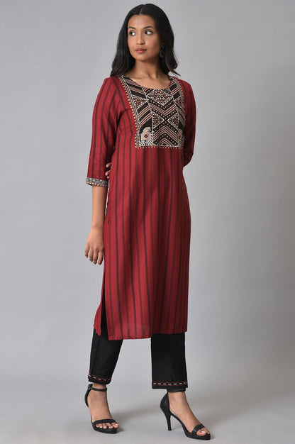Red Stripe Sraight kurta Set - wforwoman