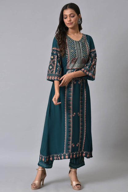 Teal Printed A-Line kurta Set - wforwoman
